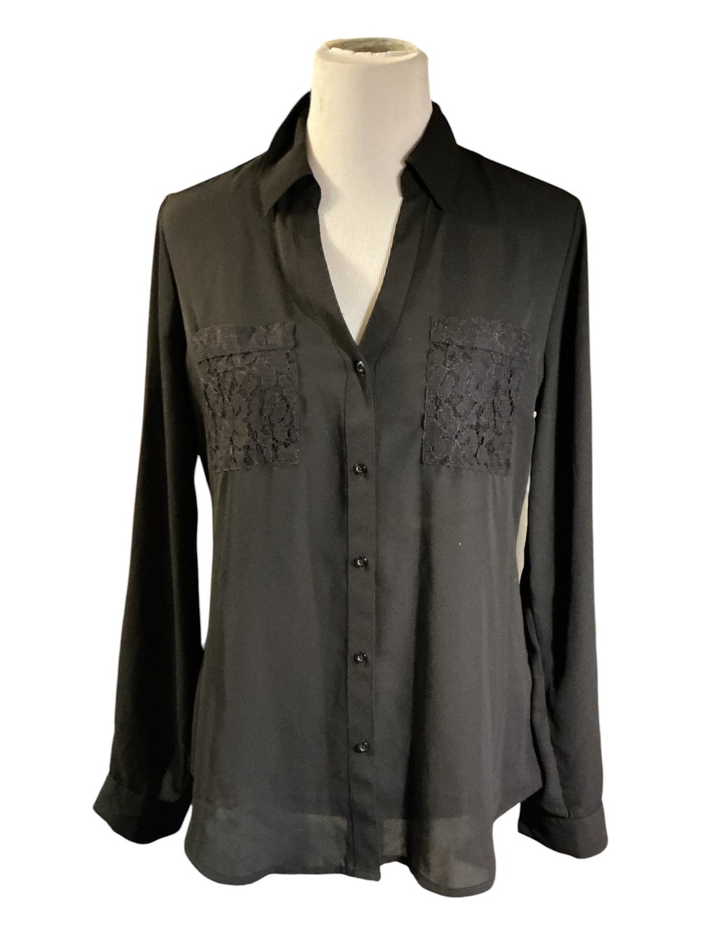 Black Lace-Pocket Button-Front Women's Blouse